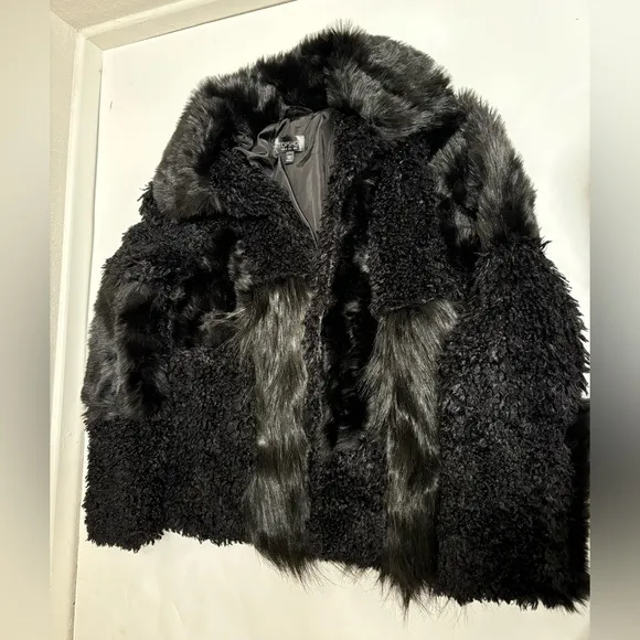 TopShop black faux fur coat‎ size 2 patchwork short