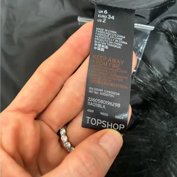 TopShop black faux fur coat‎ size 2 patchwork short