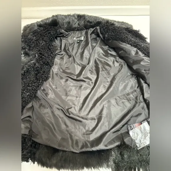 TopShop black faux fur coat‎ size 2 patchwork short