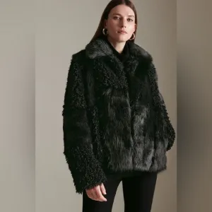 TopShop black faux fur coat‎ size 2 patchwork short