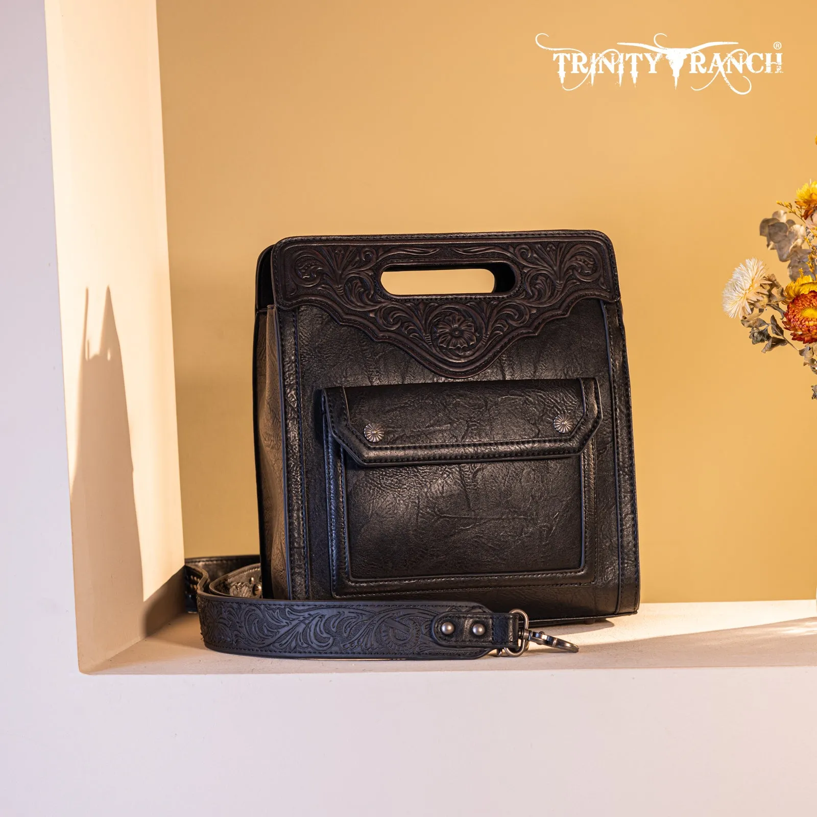 TR173G-9360  Trinity Ranch Floral Tooled  Concealed Carry Crossbody Bag - Black