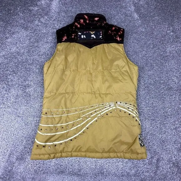 True Religion Puffer Vest Womens Small Yellow Patchwork Y2K Corduroy