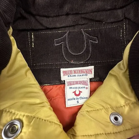 True Religion Puffer Vest Womens Small Yellow Patchwork Y2K Corduroy