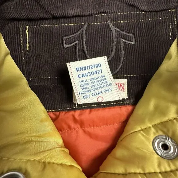 True Religion Puffer Vest Womens Small Yellow Patchwork Y2K Corduroy