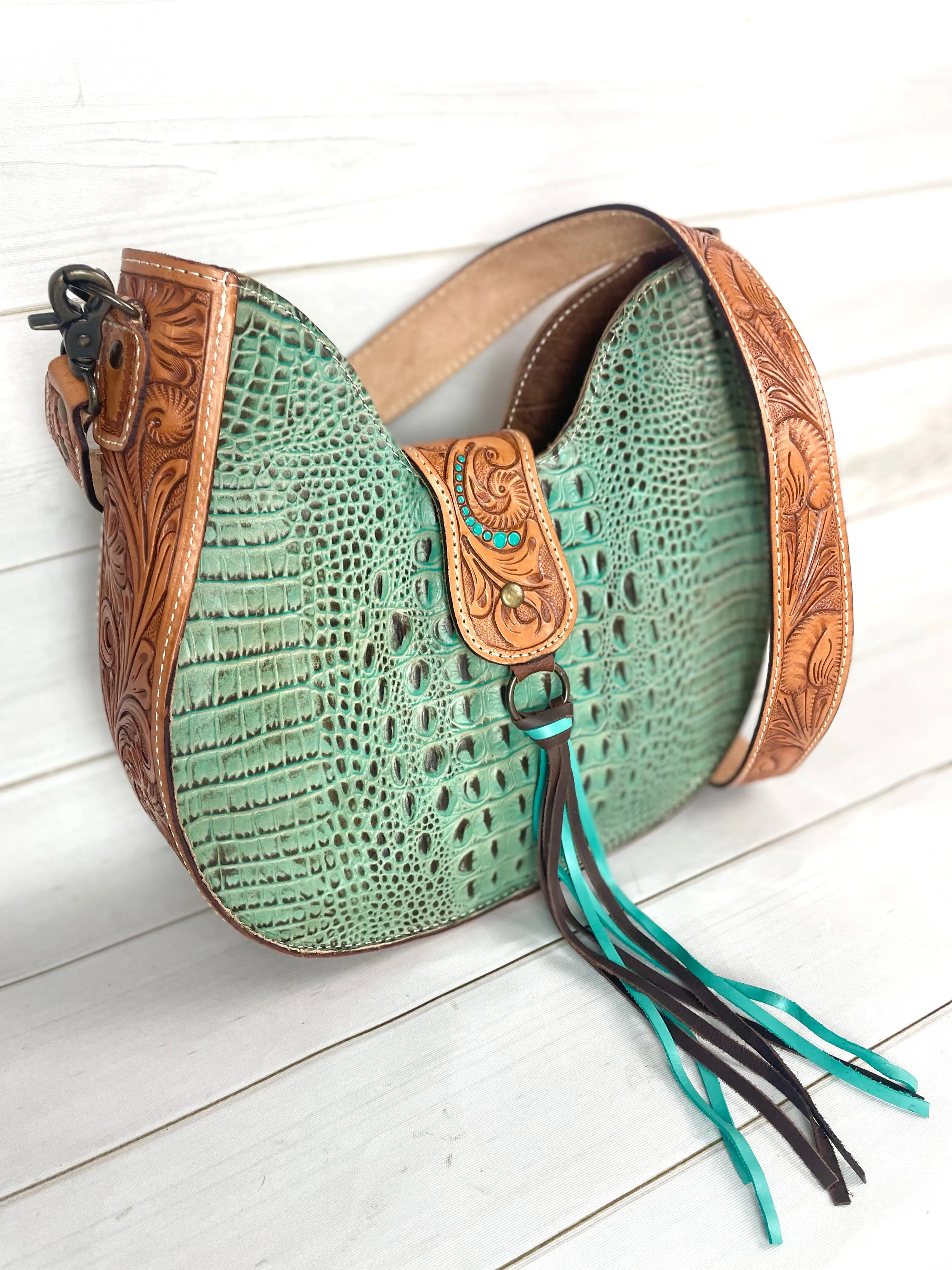 Turquoise Alligator Pattern Leather Tooled Hobo