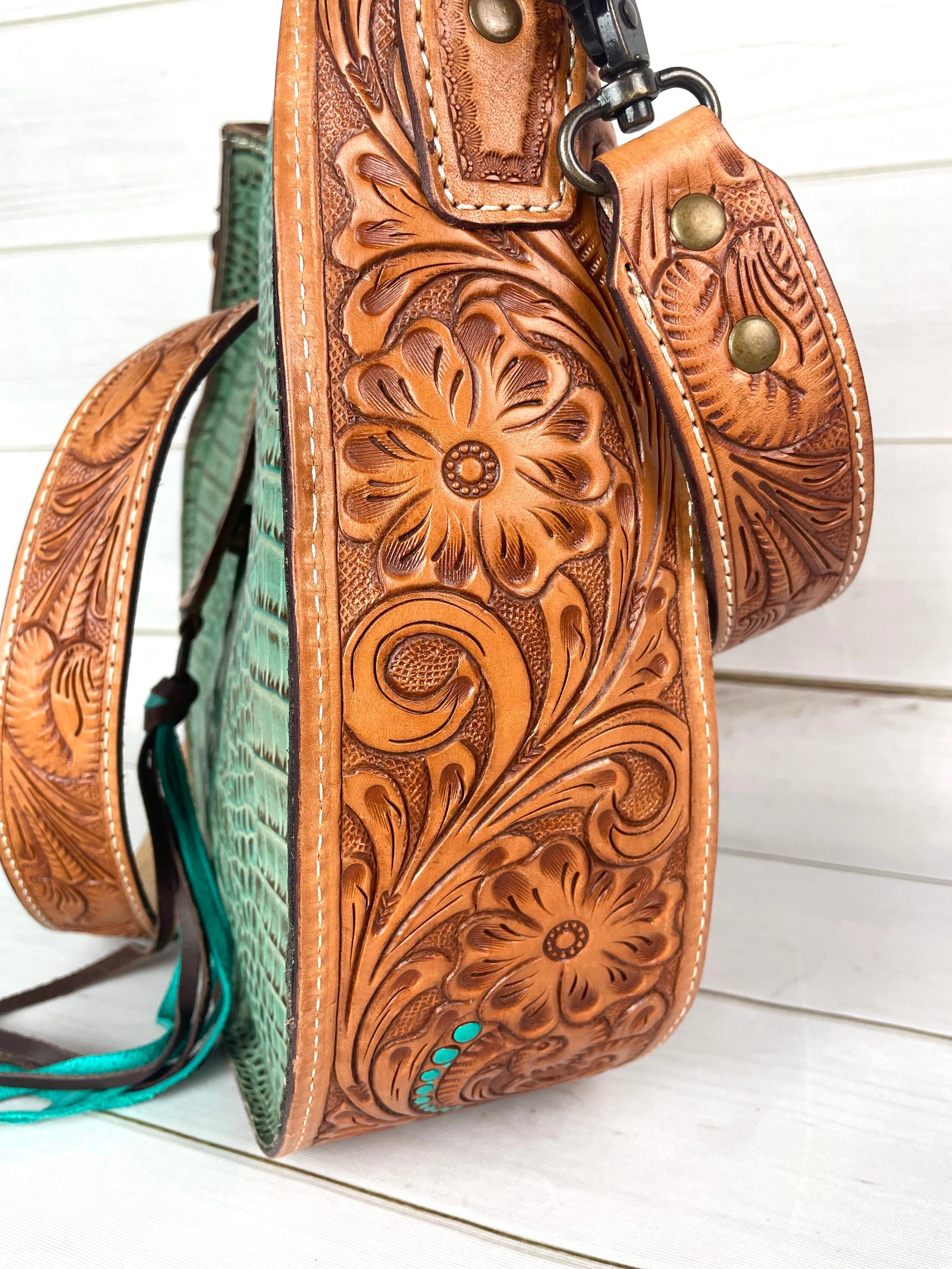 Turquoise Alligator Pattern Leather Tooled Hobo