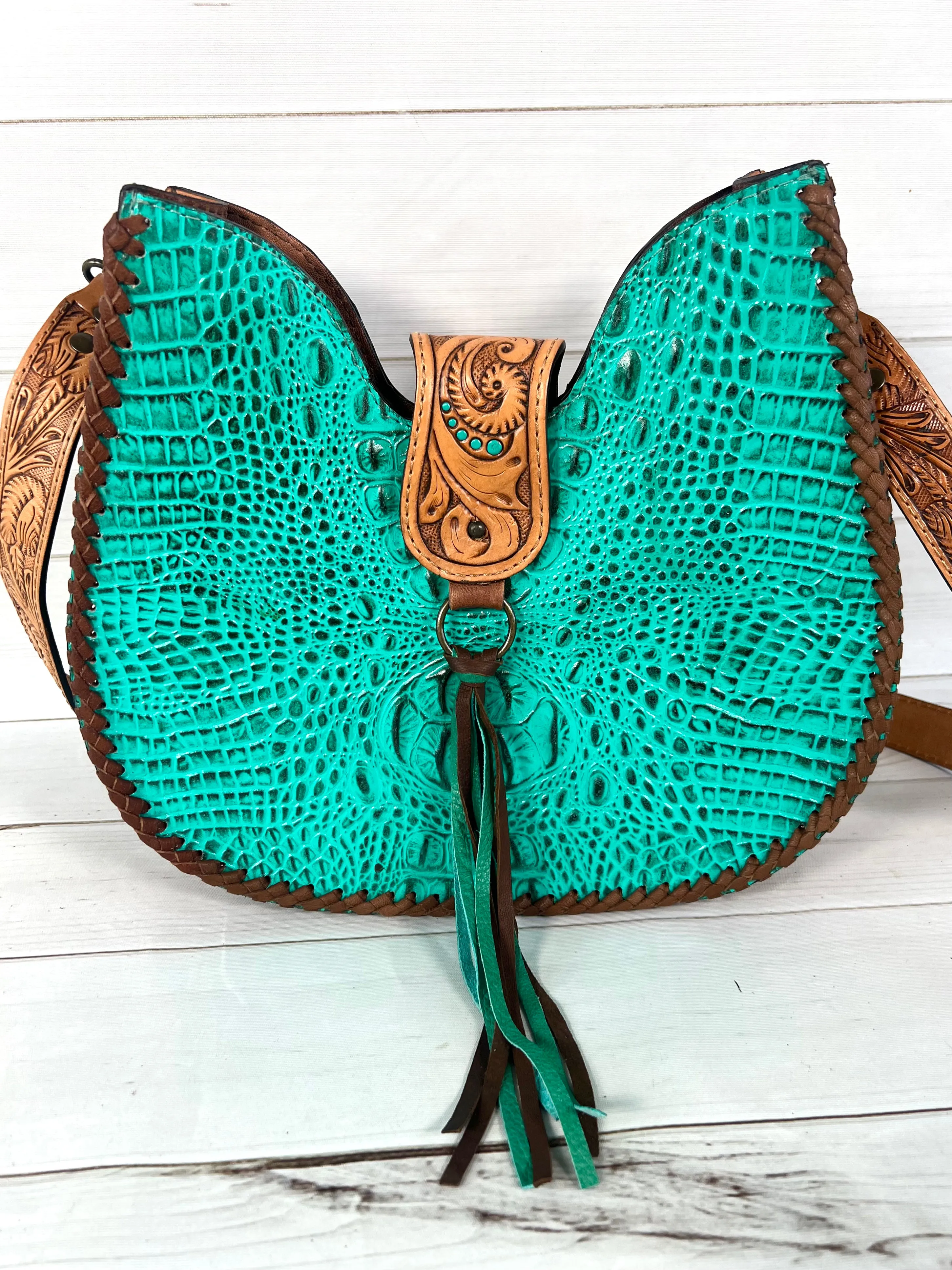 Turquoise Alligator Pattern Leather Tooled Hobo