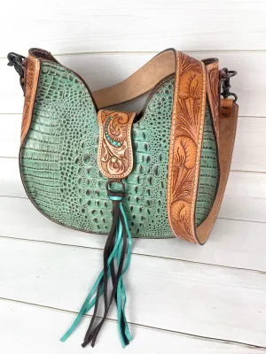Turquoise Alligator Pattern Leather Tooled Hobo