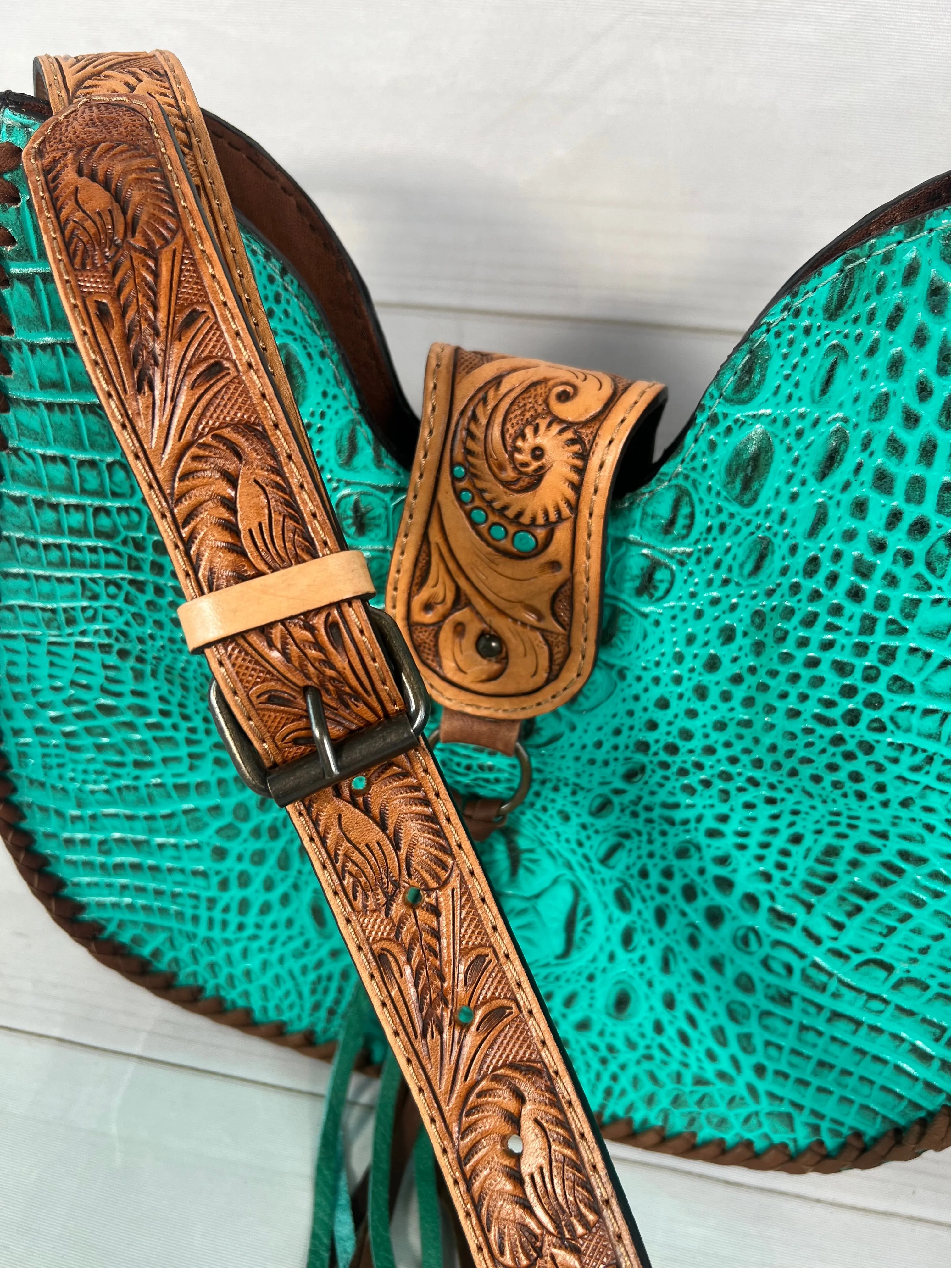 Turquoise Alligator Pattern Leather Tooled Hobo