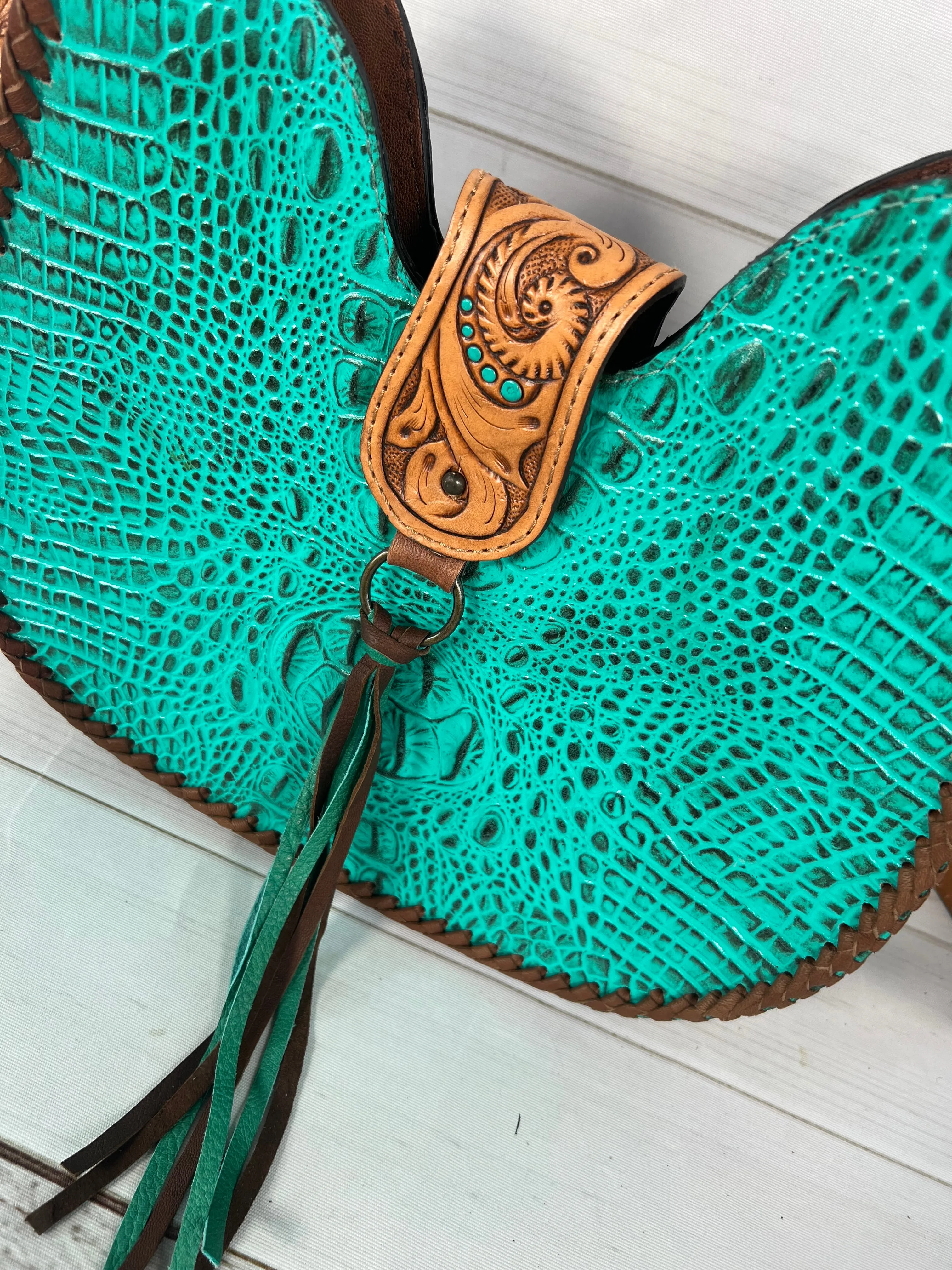 Turquoise Alligator Pattern Leather Tooled Hobo