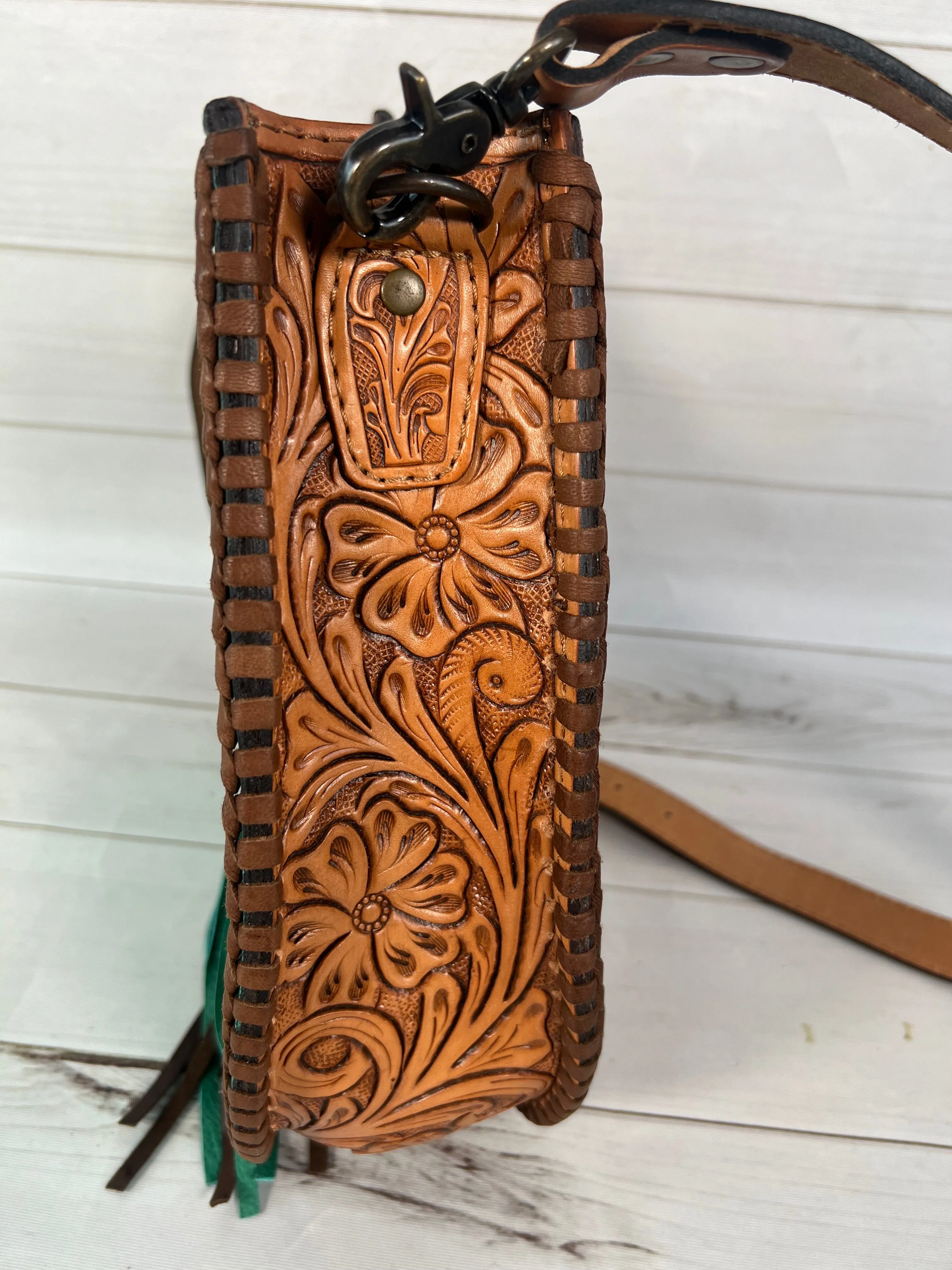 Turquoise Alligator Pattern Leather Tooled Hobo