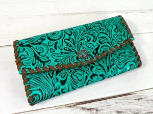 Turquoise Brocade Pattern Leather Whipstitch Wallet