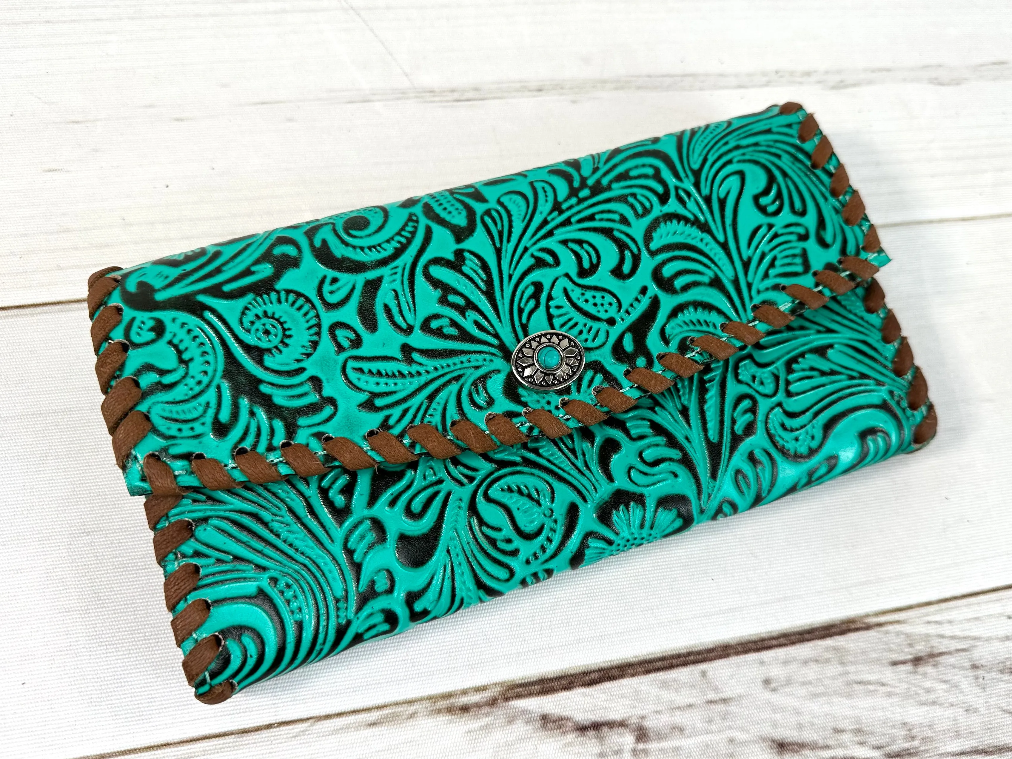 Turquoise Brocade Pattern Leather Whipstitch Wallet