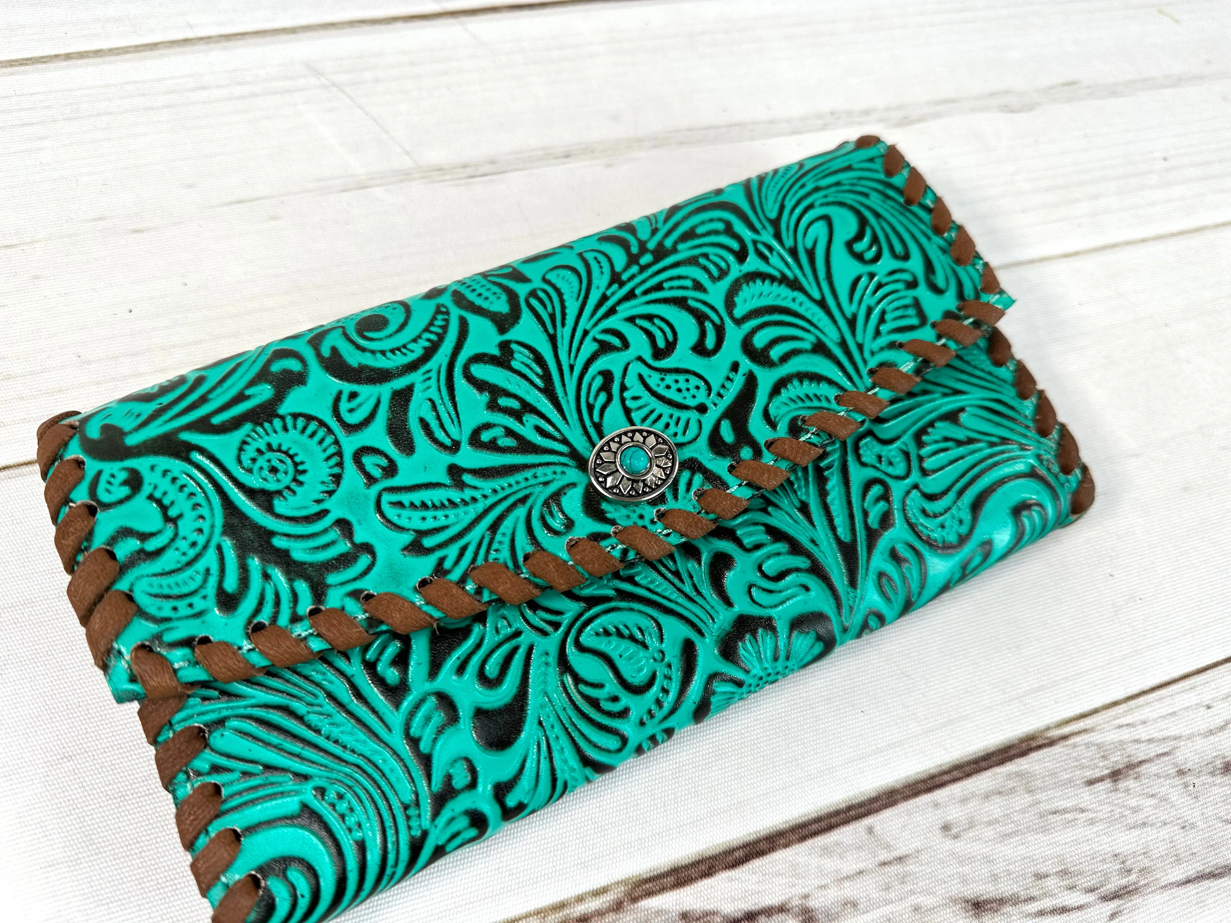 Turquoise Brocade Pattern Leather Whipstitch Wallet