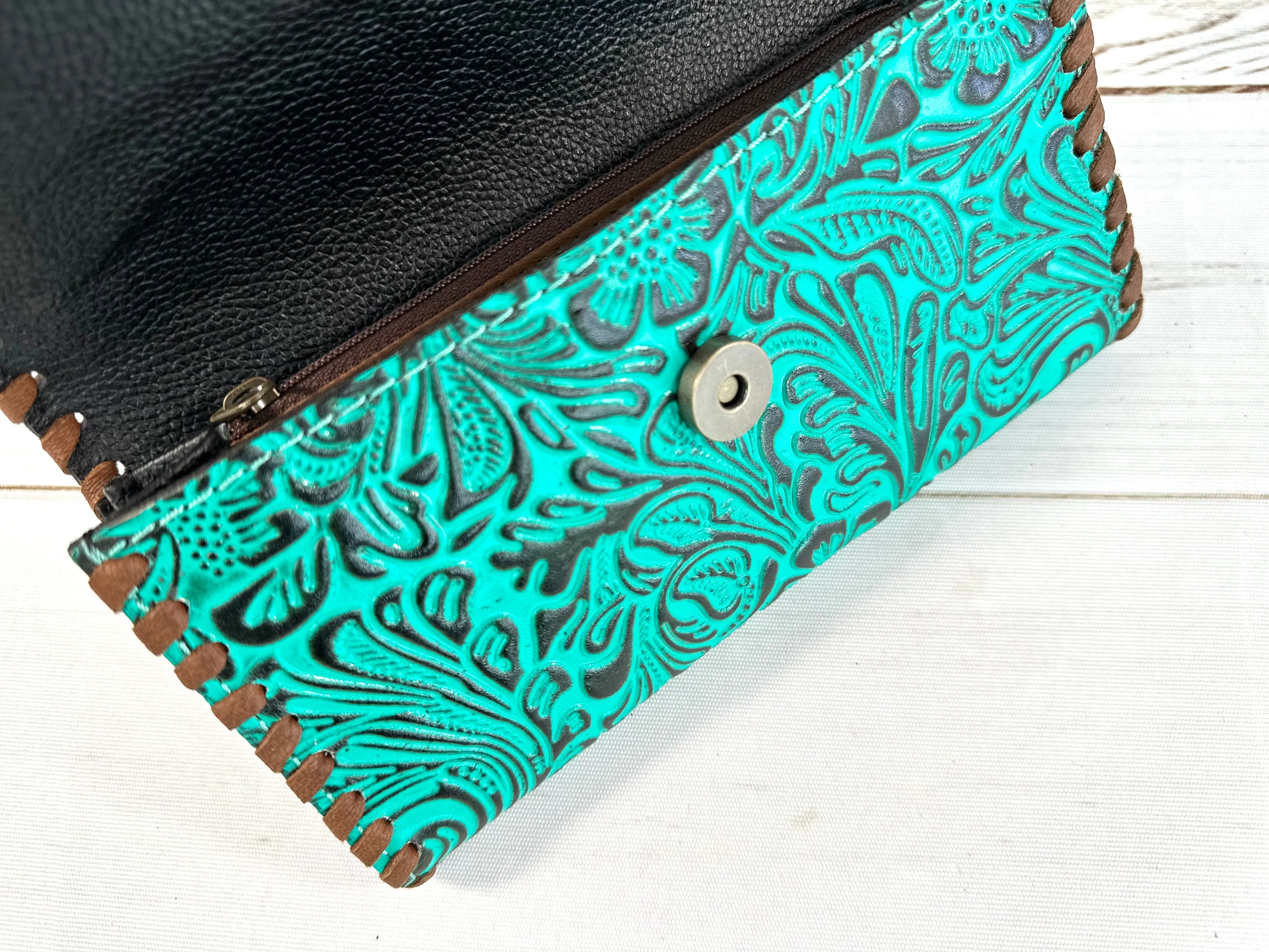 Turquoise Brocade Pattern Leather Whipstitch Wallet