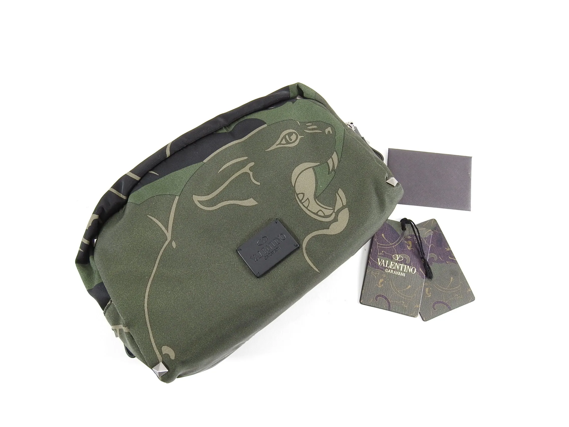 Valentino Olive Camouflage Rockstud Panther Toiletry Bag