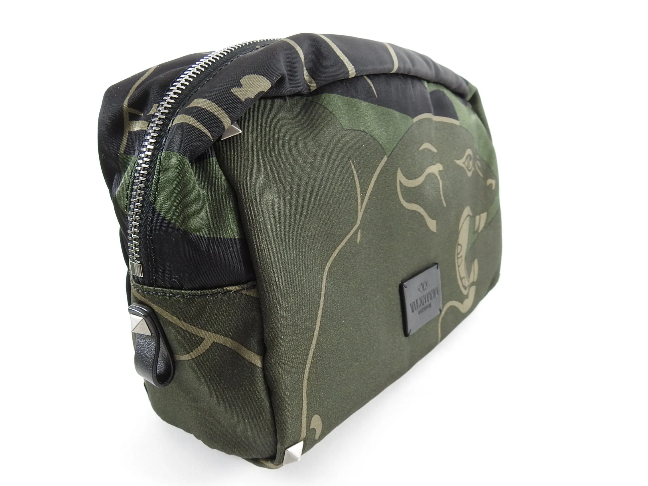 Valentino Olive Camouflage Rockstud Panther Toiletry Bag