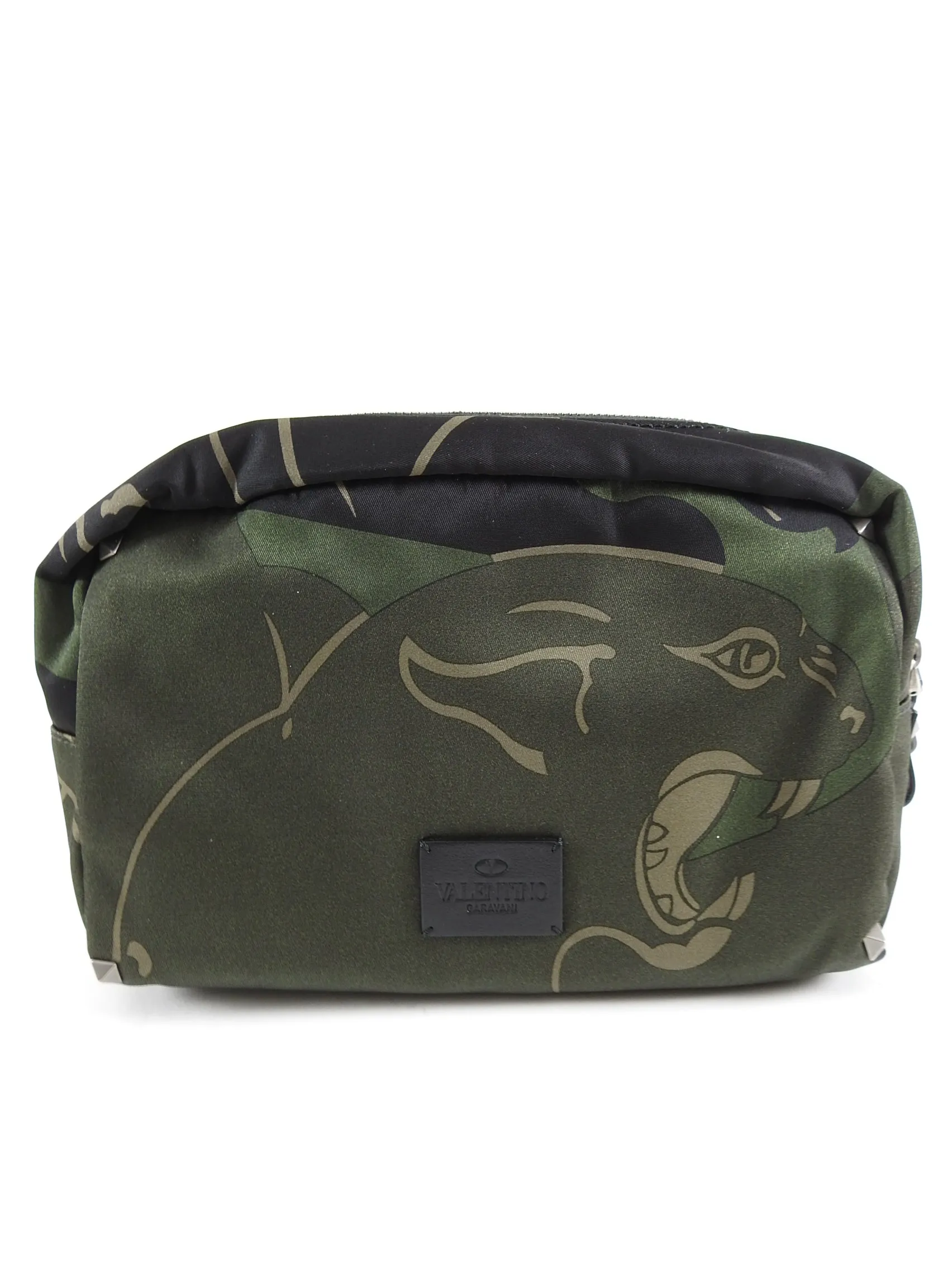 Valentino Olive Camouflage Rockstud Panther Toiletry Bag