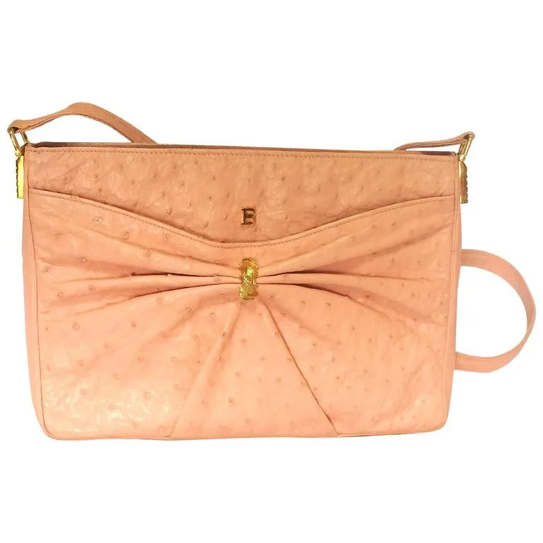 Vintage BALLY genuine milky pink ostrich leather shoulder bag with B logo motif and gathered design at front. Rare masterpiece.