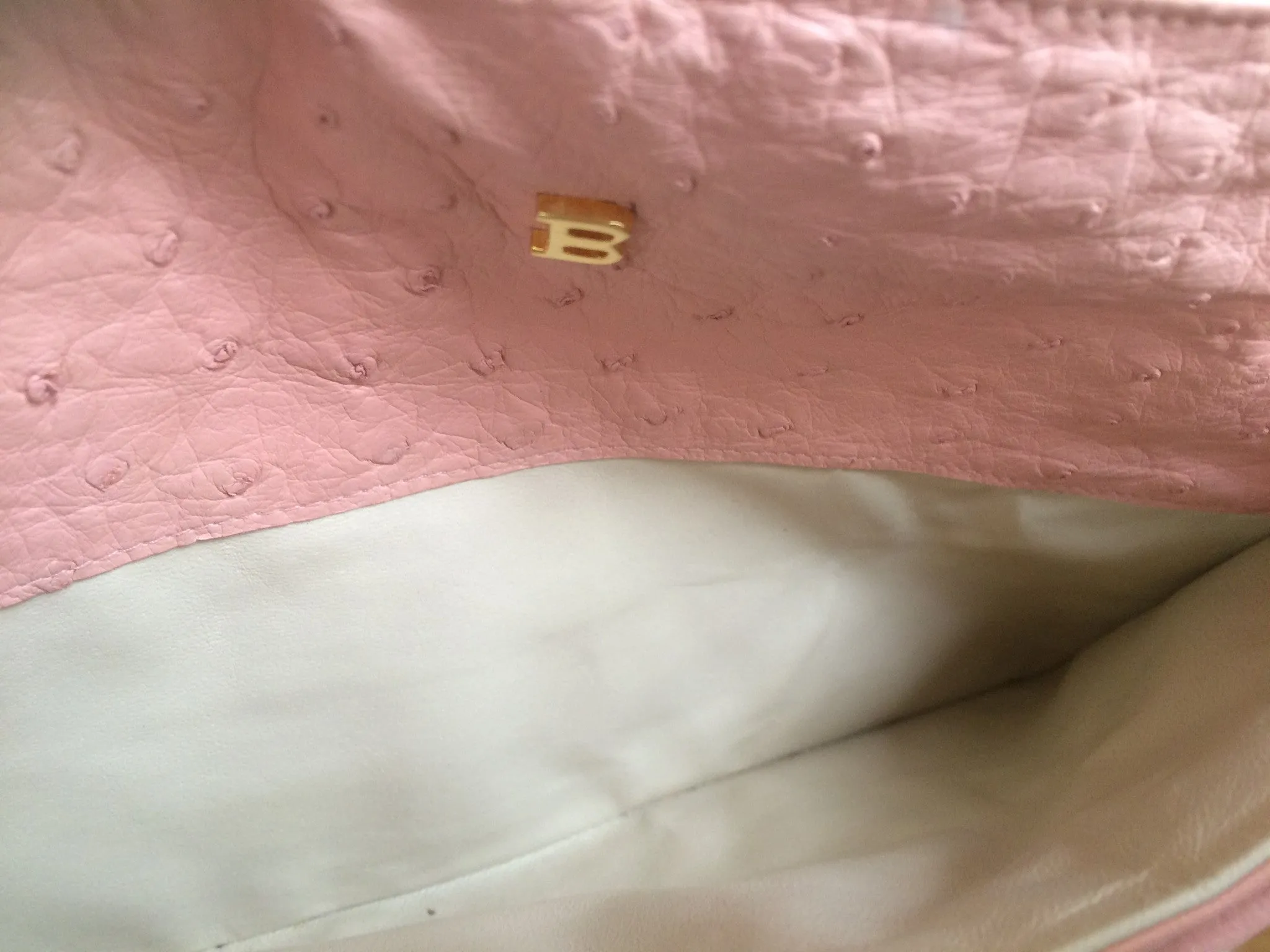 Vintage BALLY genuine milky pink ostrich leather shoulder bag with B logo motif and gathered design at front. Rare masterpiece.