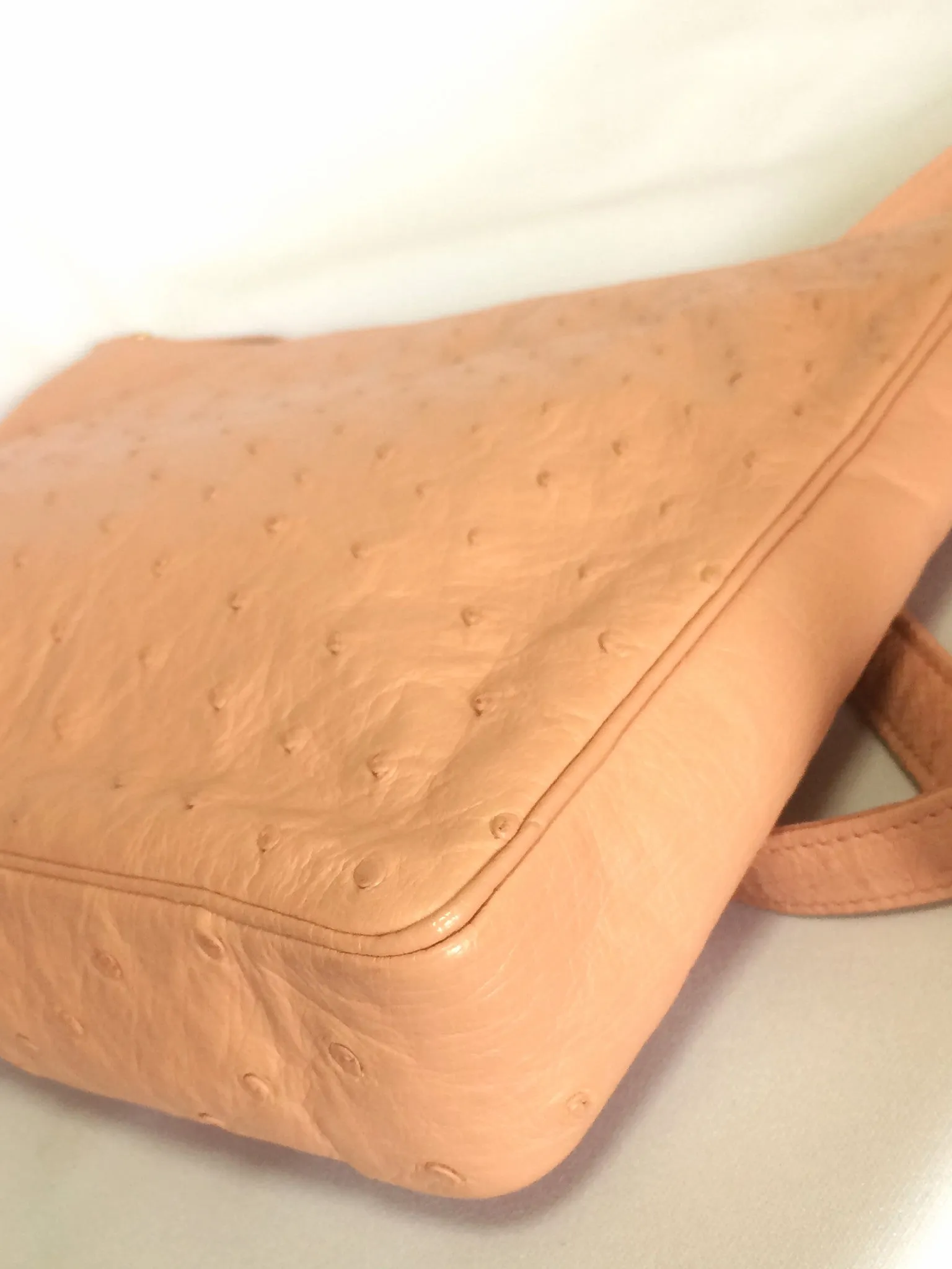 Vintage BALLY genuine milky pink ostrich leather shoulder bag with B logo motif and gathered design at front. Rare masterpiece.