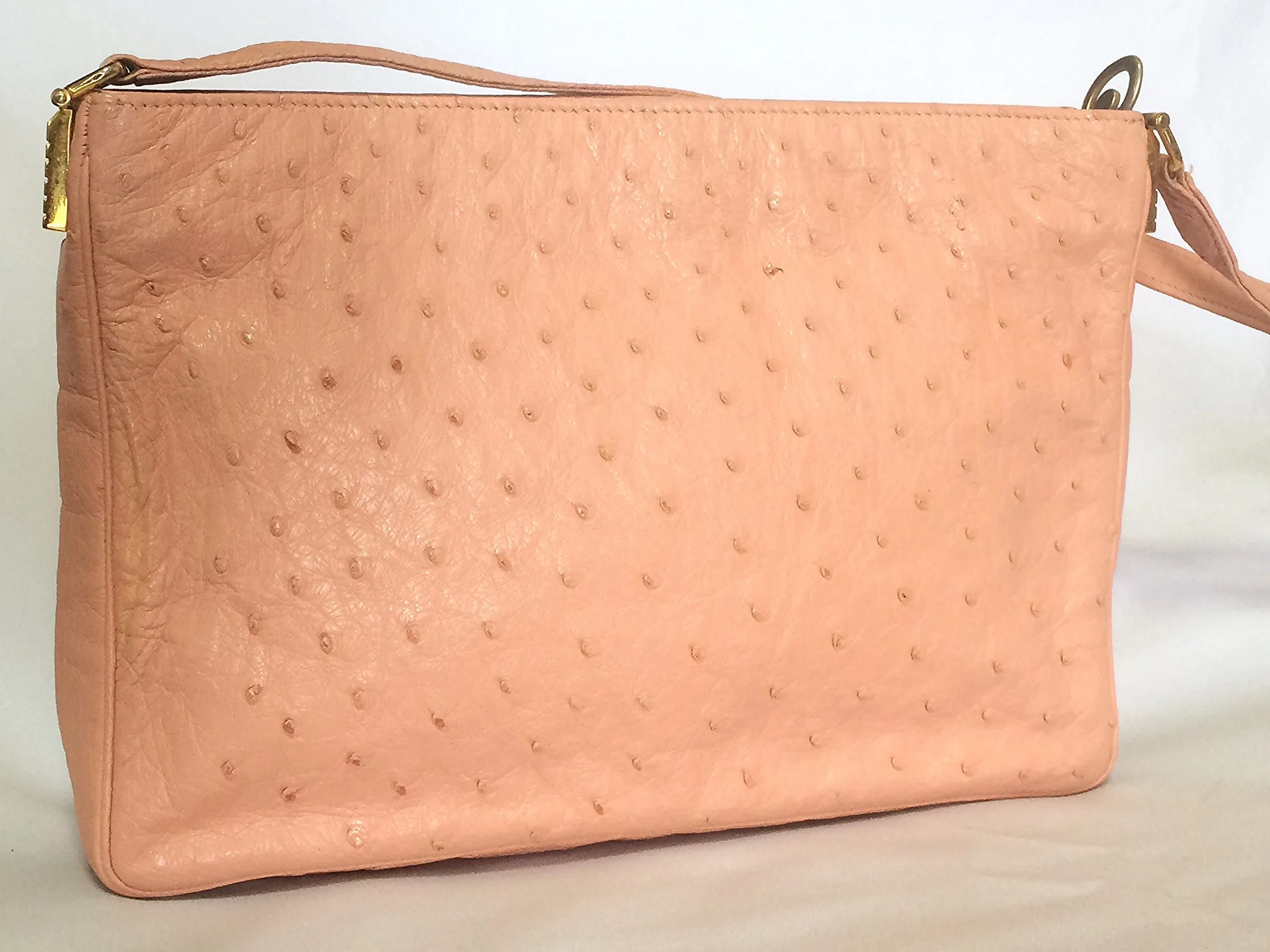 Vintage BALLY genuine milky pink ostrich leather shoulder bag with B logo motif and gathered design at front. Rare masterpiece.