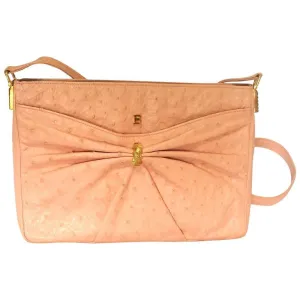 Vintage BALLY genuine milky pink ostrich leather shoulder bag with B logo motif and gathered design at front. Rare masterpiece.