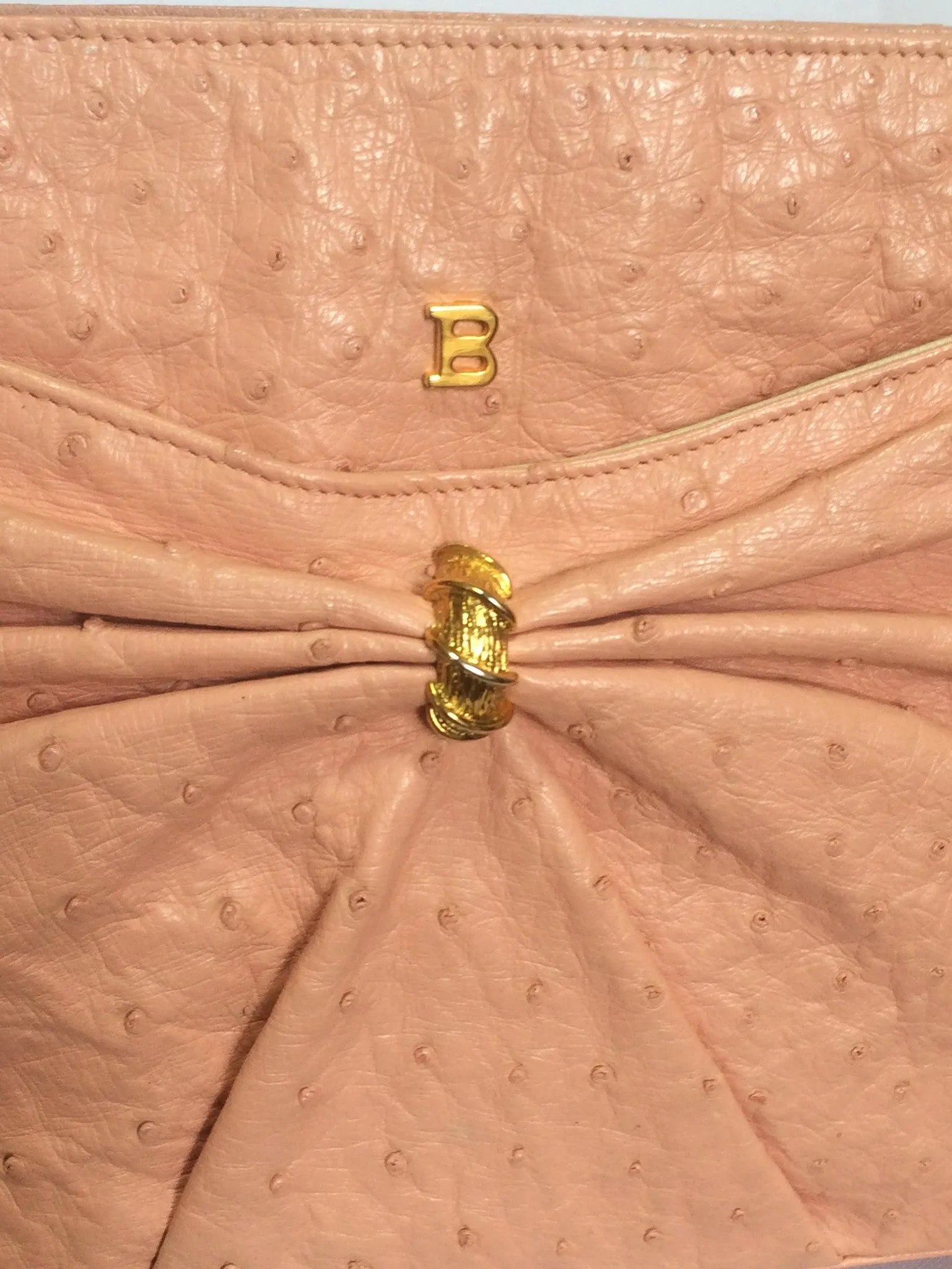 Vintage BALLY genuine milky pink ostrich leather shoulder bag with B logo motif and gathered design at front. Rare masterpiece.