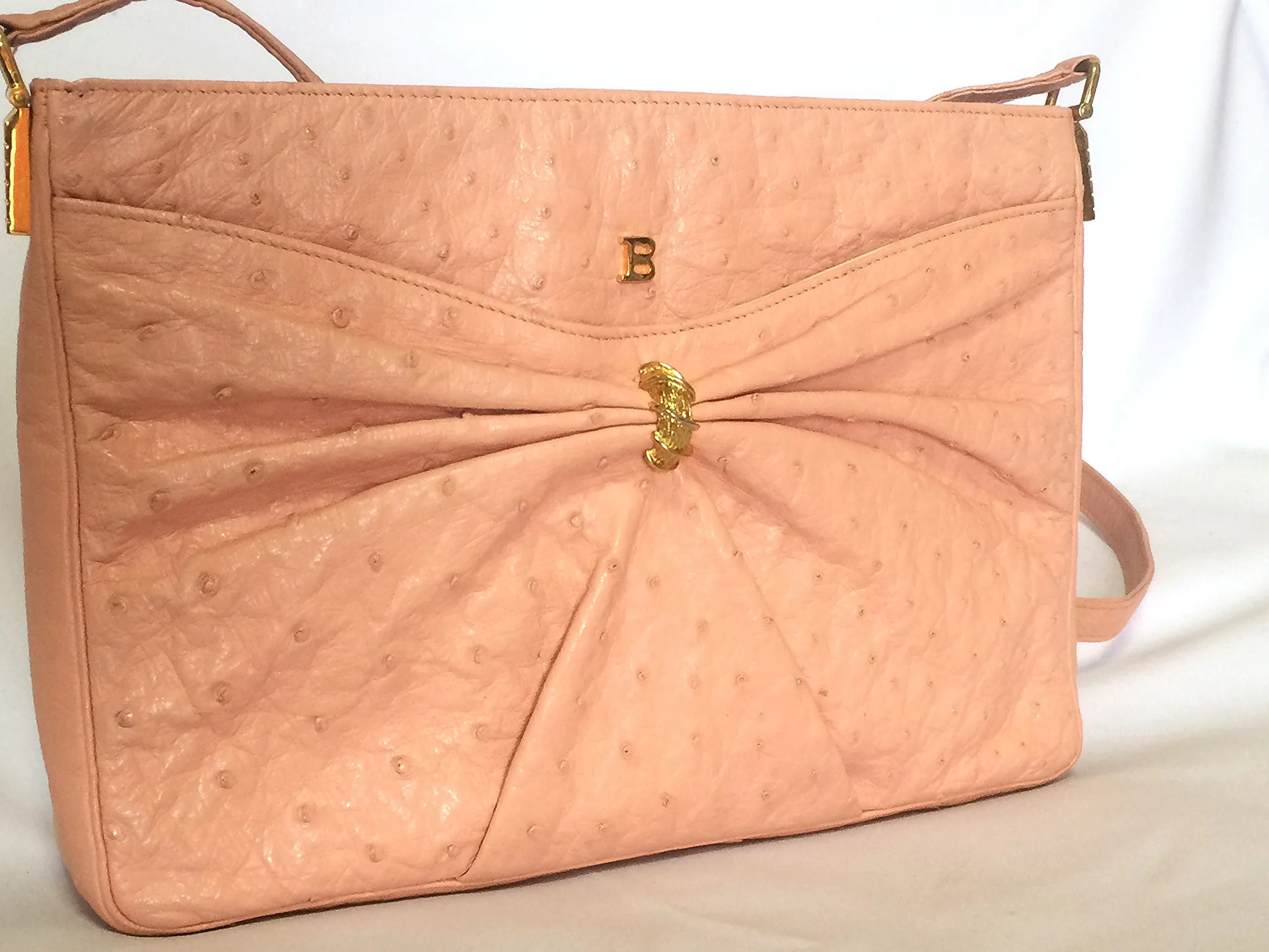 Vintage BALLY genuine milky pink ostrich leather shoulder bag with B logo motif and gathered design at front. Rare masterpiece.