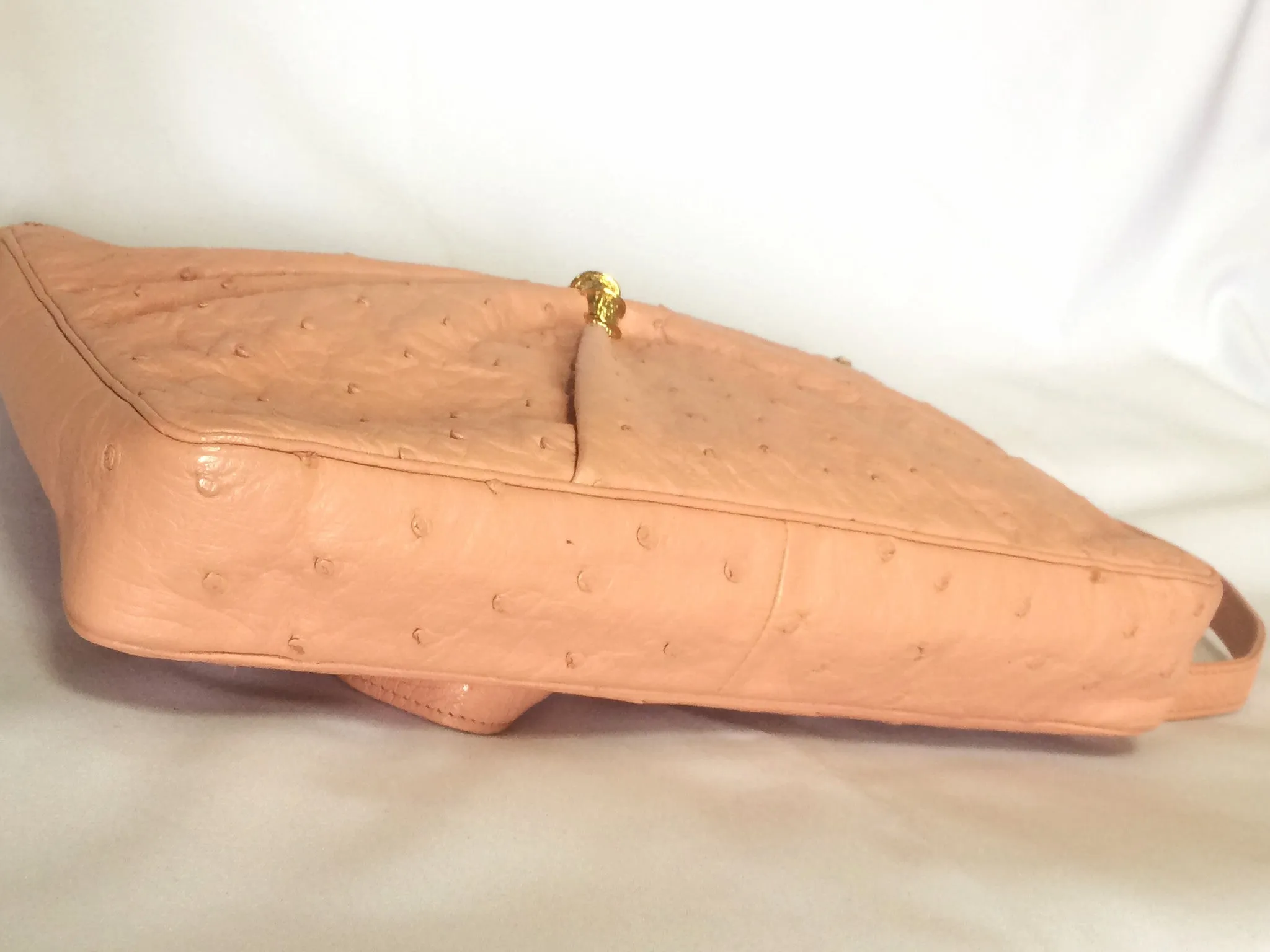 Vintage BALLY genuine milky pink ostrich leather shoulder bag with B logo motif and gathered design at front. Rare masterpiece.