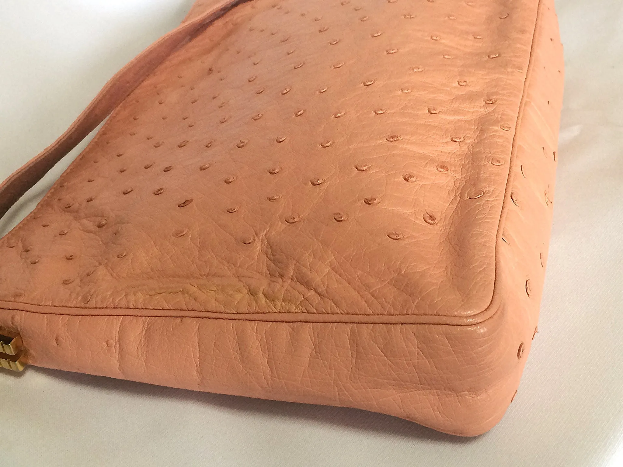Vintage BALLY genuine milky pink ostrich leather shoulder bag with B logo motif and gathered design at front. Rare masterpiece.