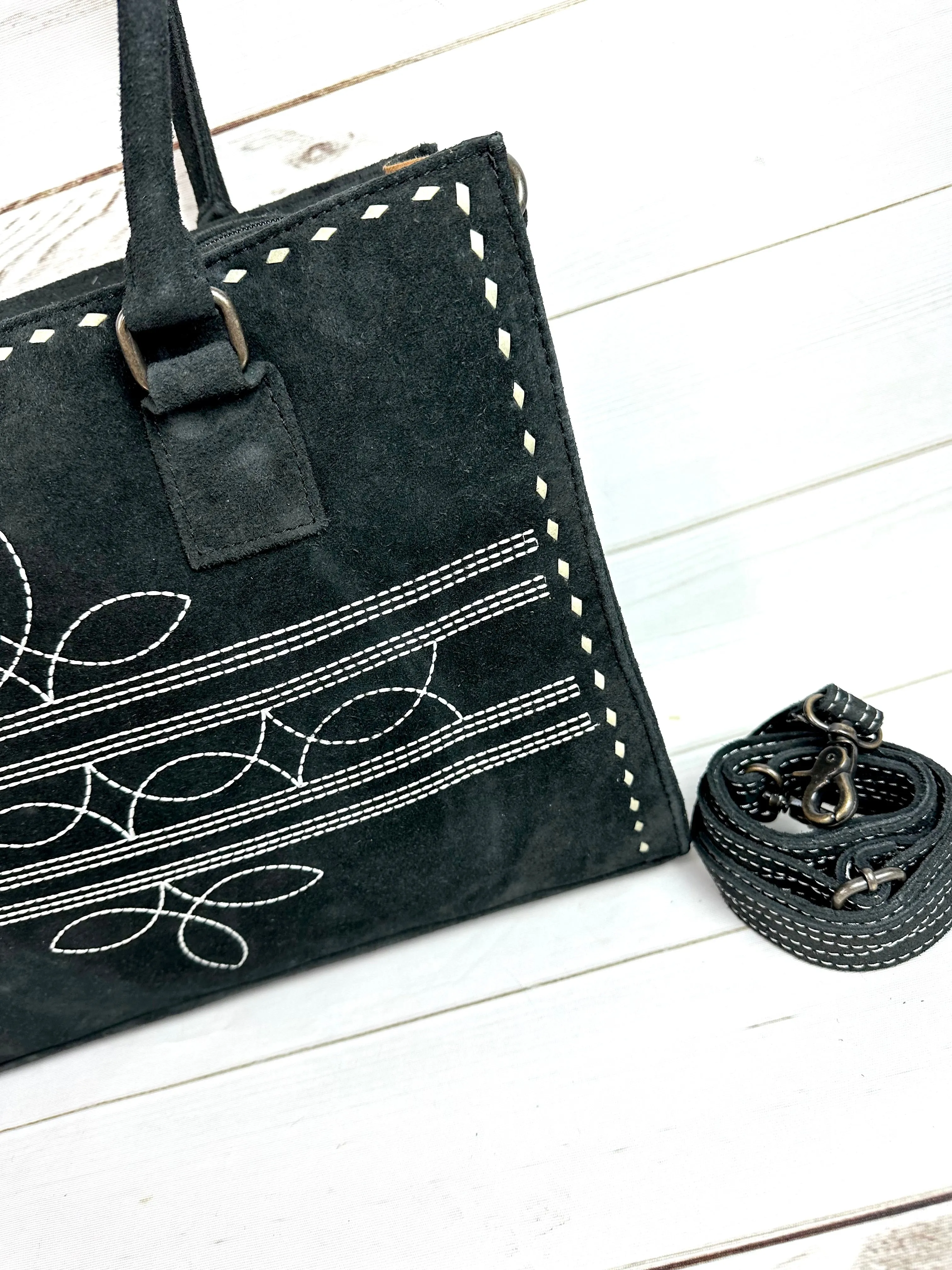 Vintage Black Suede Western Tote