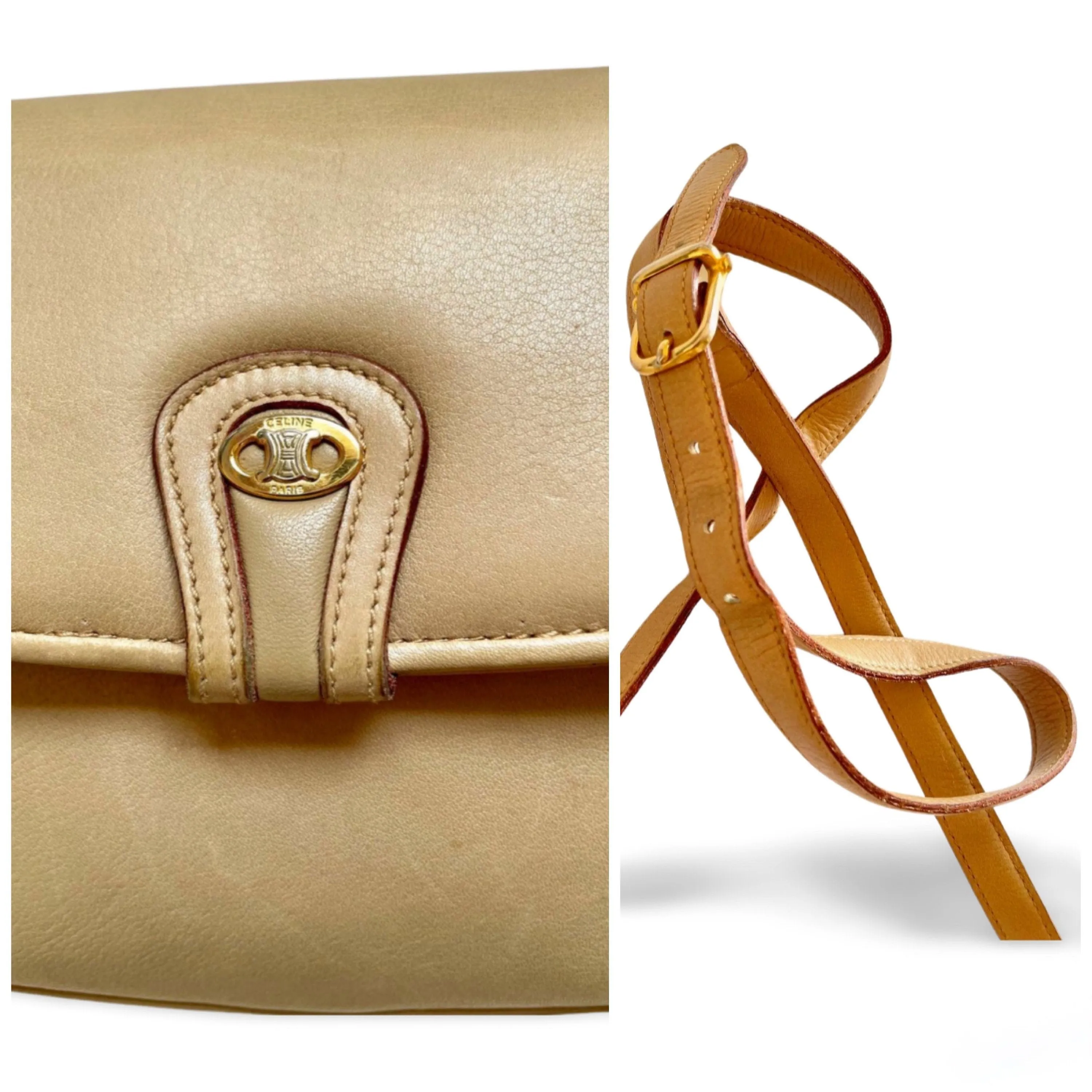 Vintage Celine beige leather shoulder bag with golden Triomphe and logo. Elegant and classic purse. 060123ac4
