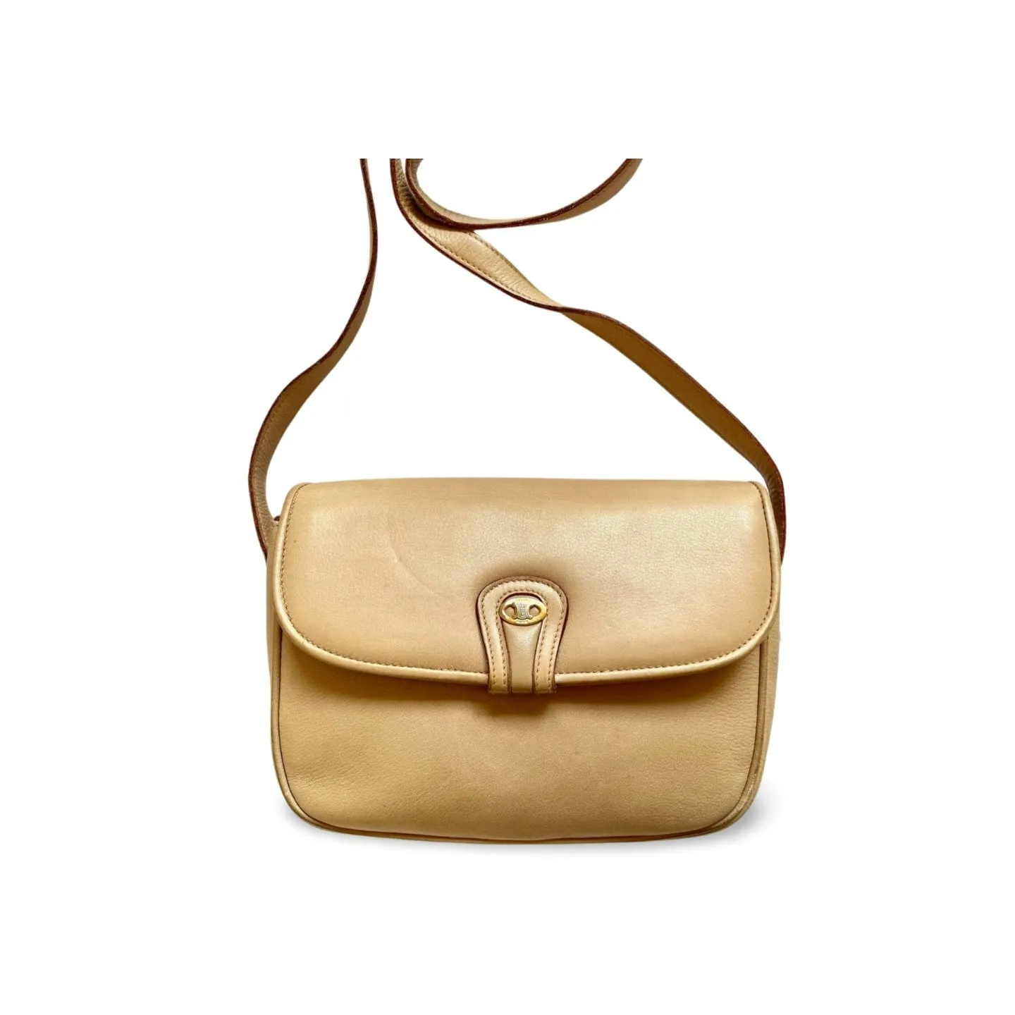 Vintage Celine beige leather shoulder bag with golden Triomphe and logo. Elegant and classic purse. 060123ac4