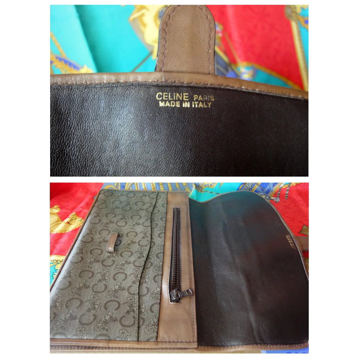 Vintage CELINE brown beige classic C logo and carriage pattern clutch bag, mini document case  with leather trimmings. 050320r15