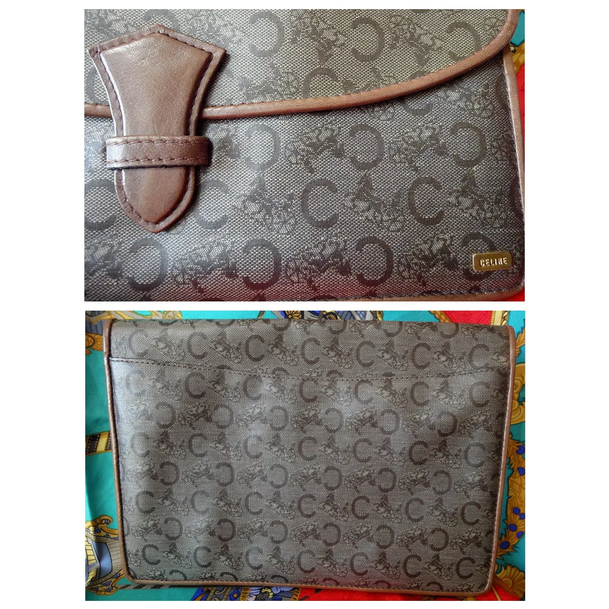 Vintage CELINE brown beige classic C logo and carriage pattern clutch bag, mini document case  with leather trimmings. 050320r15