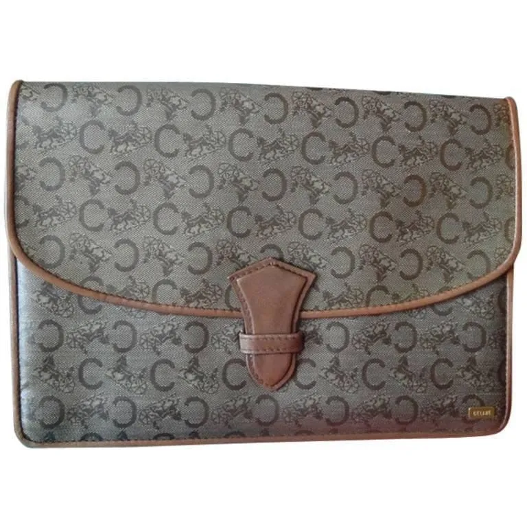 Vintage CELINE brown beige classic C logo and carriage pattern clutch bag, mini document case  with leather trimmings. 050320r15