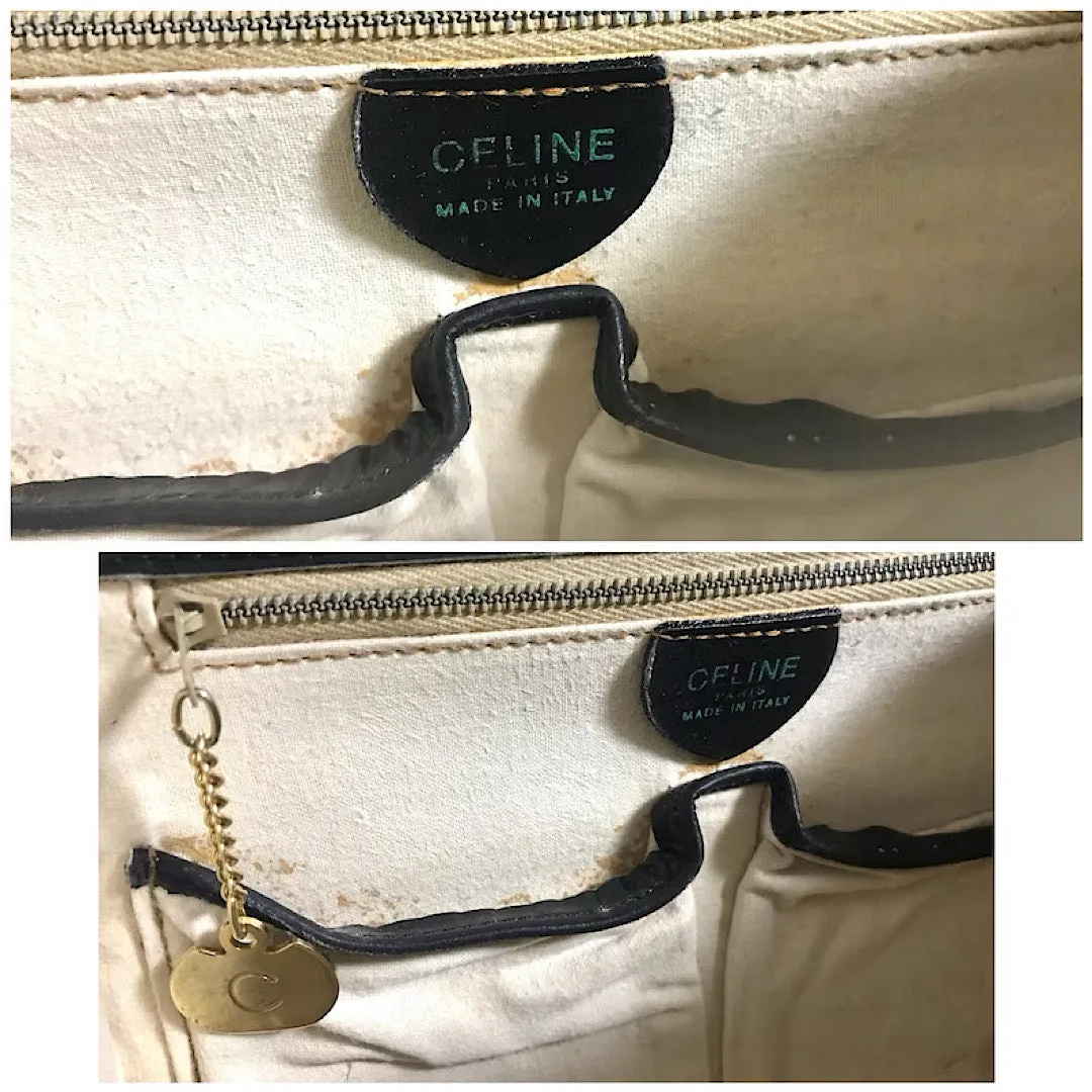 Vintage CELINE genuine black leather shoulder bag with gold and silver tone triomphe logo motif at front. Rare Celine leather bag.