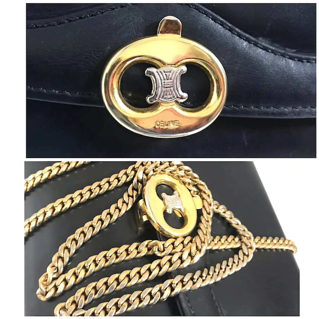 Vintage CELINE genuine black leather shoulder bag with gold and silver tone triomphe logo motif at front. Rare Celine leather bag.
