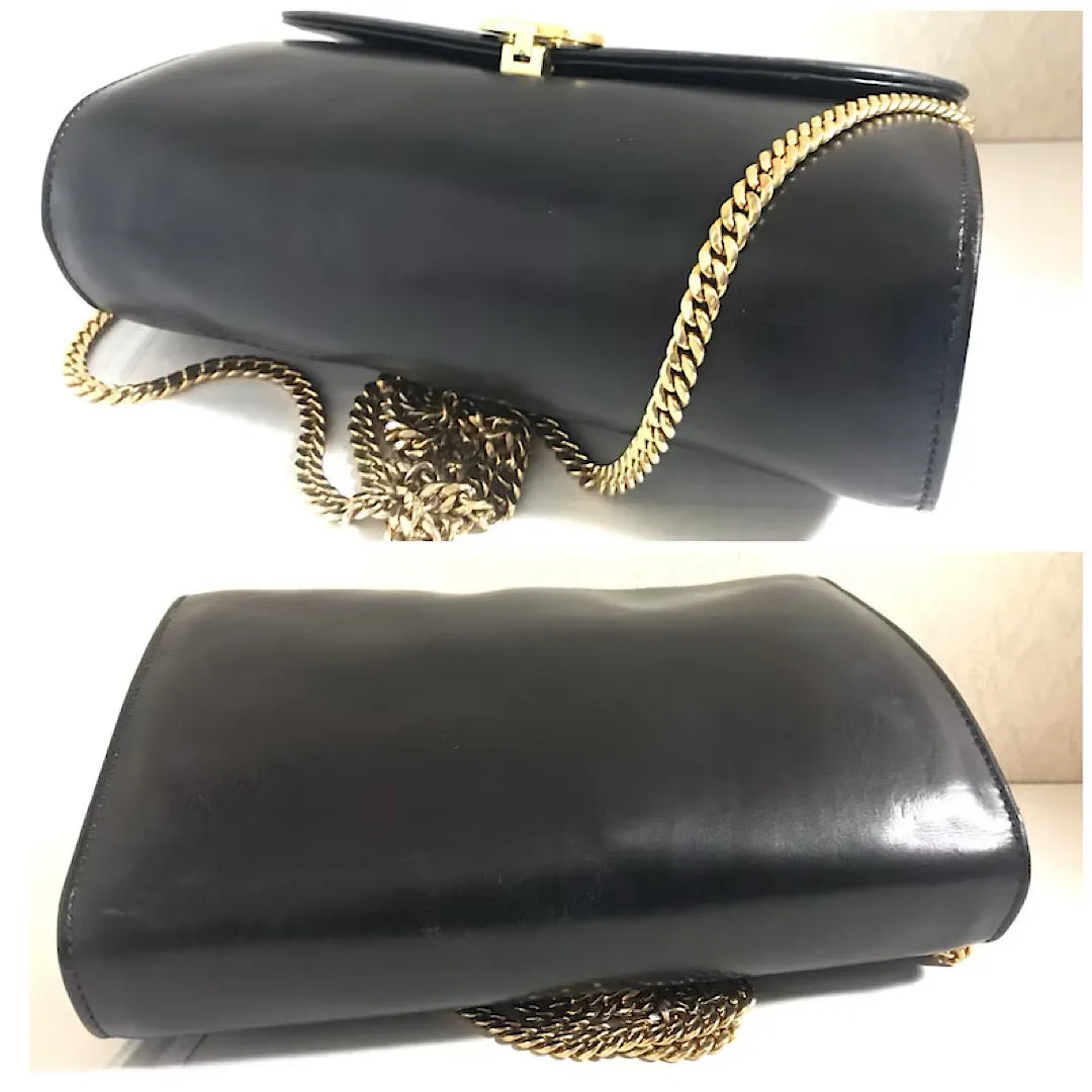 Vintage CELINE genuine black leather shoulder bag with gold and silver tone triomphe logo motif at front. Rare Celine leather bag.