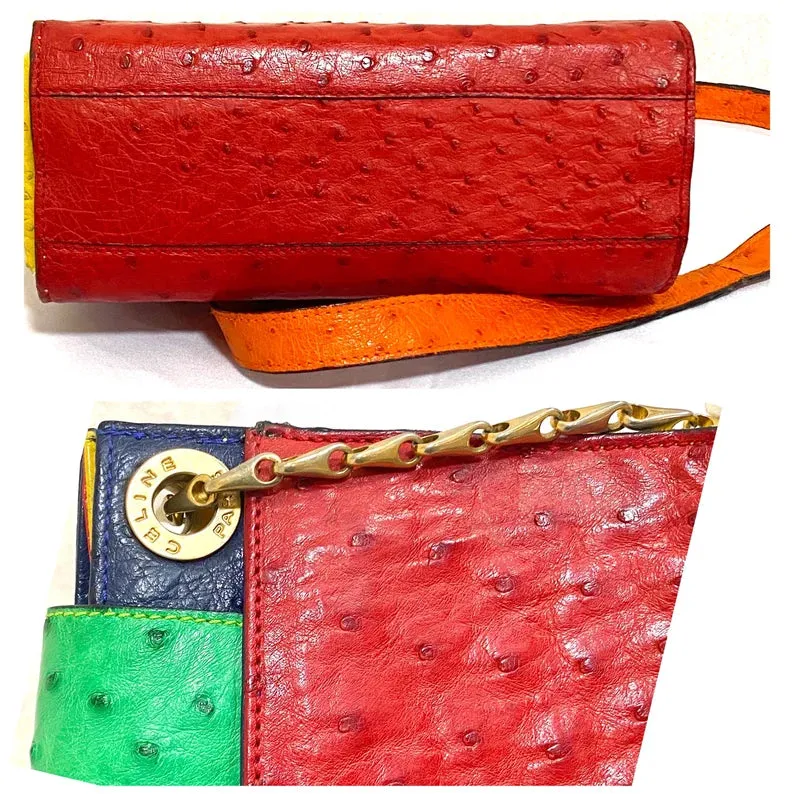 Vintage Celine genuine ostrich shoulder bag with gold tone chains and red, orange, blue, green, and yellow patchwork design. 050410ac1