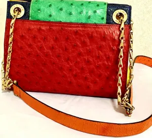 Vintage Celine genuine ostrich shoulder bag with gold tone chains and red, orange, blue, green, and yellow patchwork design. 050410ac1