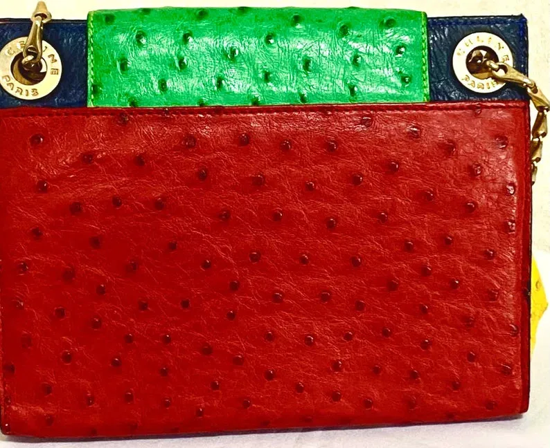 Vintage Celine genuine ostrich shoulder bag with gold tone chains and red, orange, blue, green, and yellow patchwork design. 050410ac1