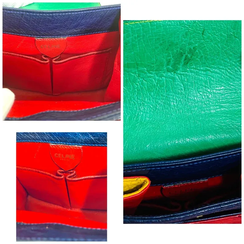 Vintage Celine genuine ostrich shoulder bag with gold tone chains and red, orange, blue, green, and yellow patchwork design. 050410ac1