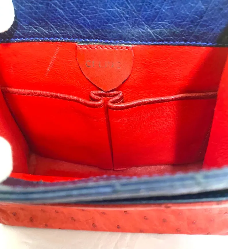Vintage Celine genuine ostrich shoulder bag with gold tone chains and red, orange, blue, green, and yellow patchwork design. 050410ac1