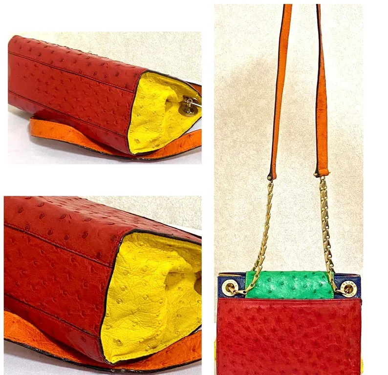 Vintage Celine genuine ostrich shoulder bag with gold tone chains and red, orange, blue, green, and yellow patchwork design. 050410ac1