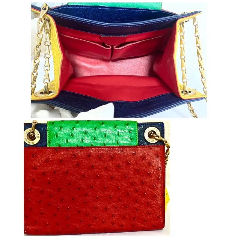 Vintage Celine genuine ostrich shoulder bag with gold tone chains and red, orange, blue, green, and yellow patchwork design. 050410ac1
