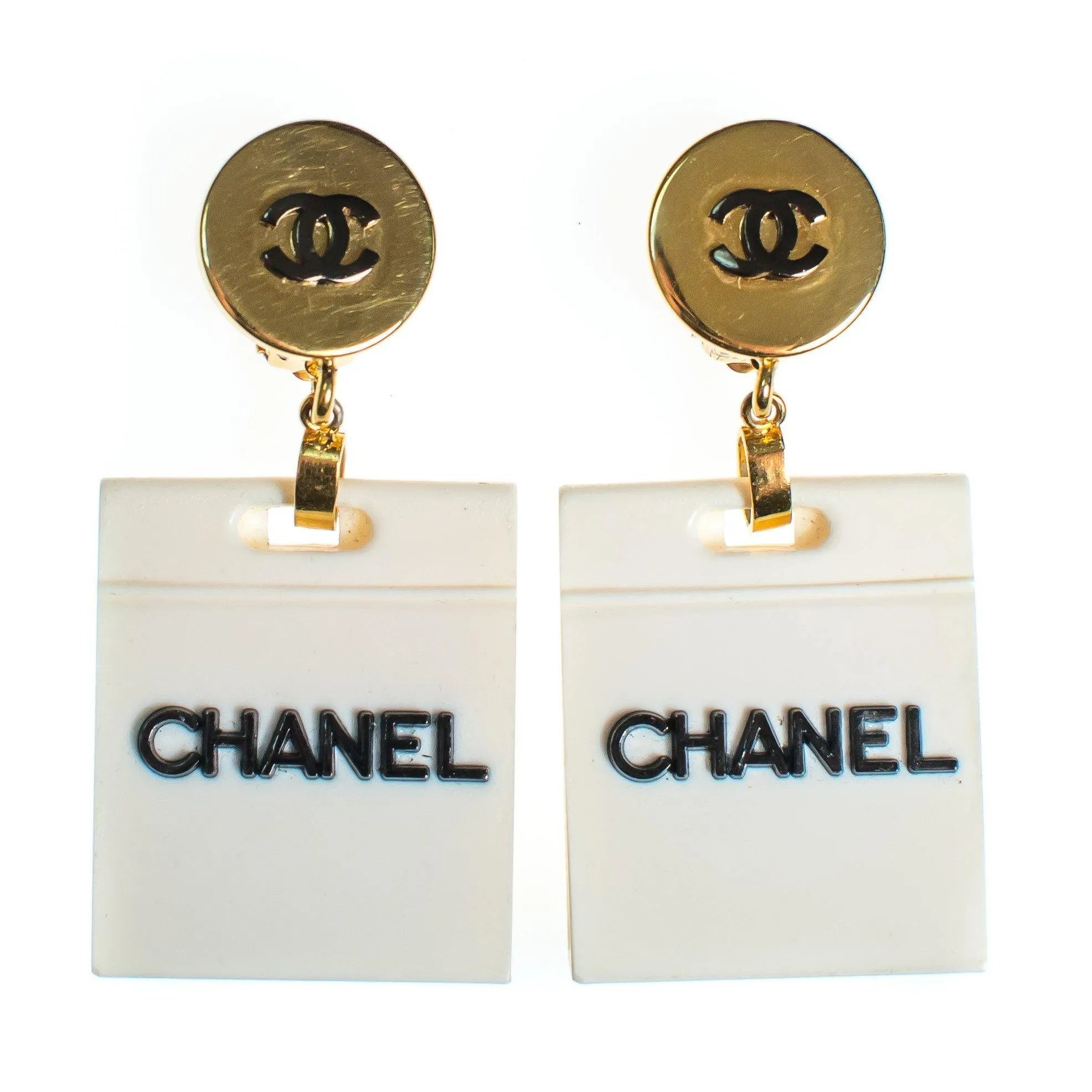 Vintage Chanel Black and White Shopping Bag Statement Earrings