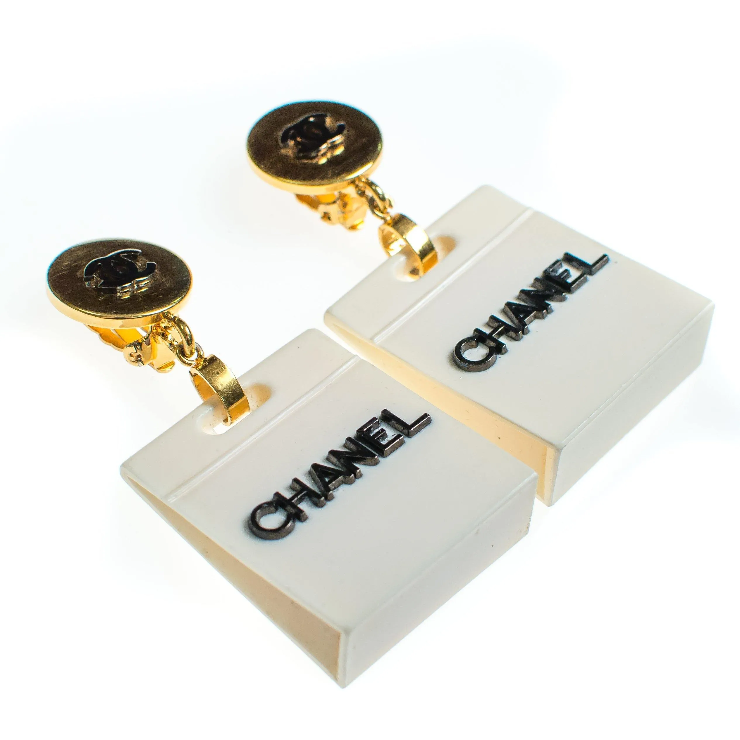 Vintage Chanel Black and White Shopping Bag Statement Earrings