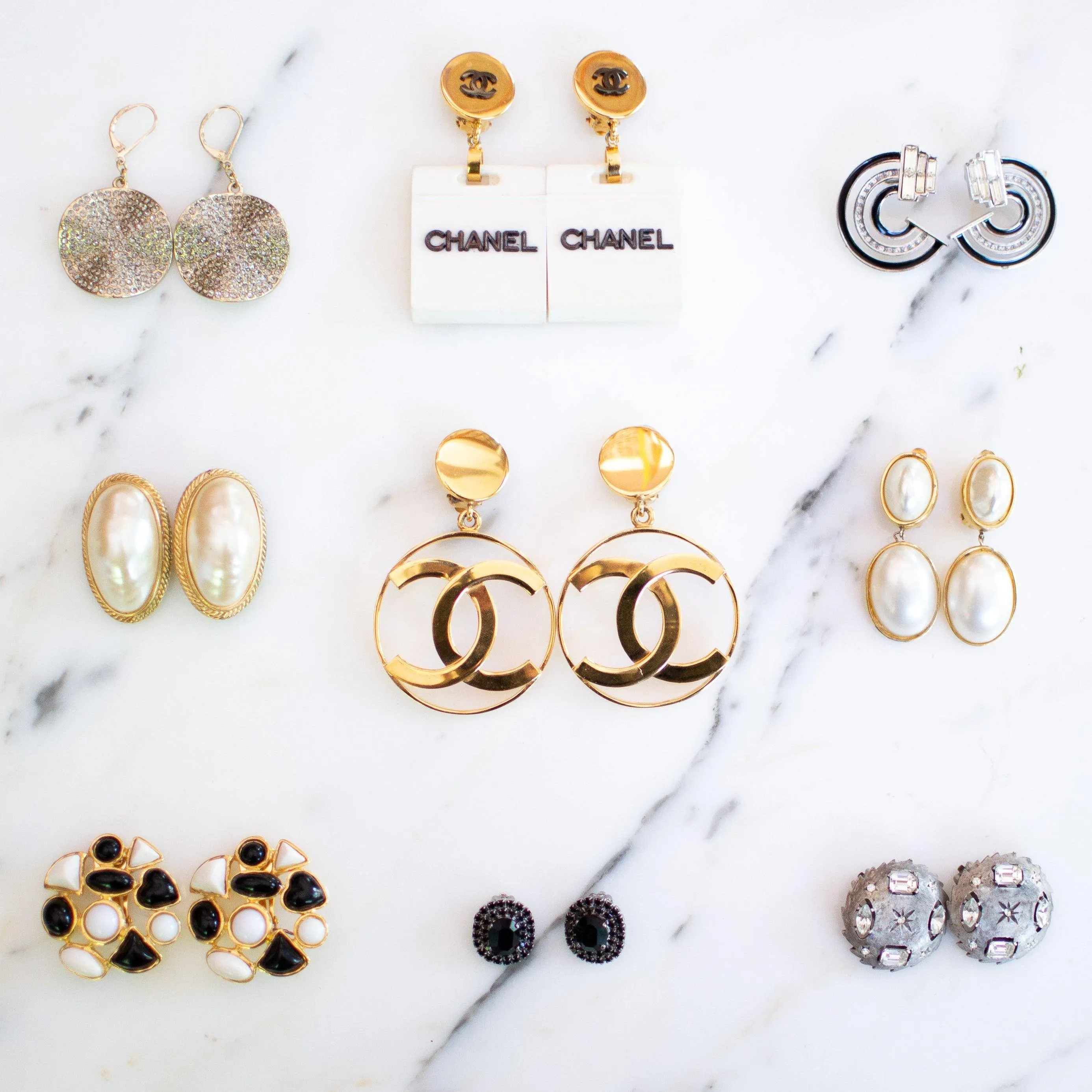 Vintage Chanel Black and White Shopping Bag Statement Earrings